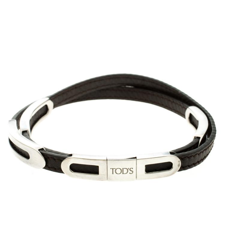Pre Owned Tod's Brown Leather Silver Wrap Around Bracelet