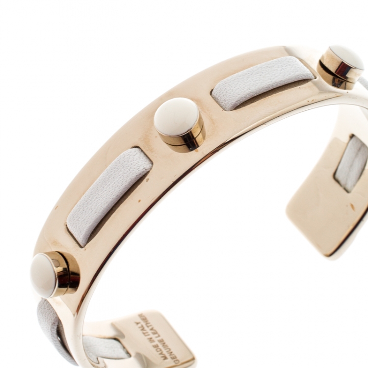 Pre Owned Tod's White Leather Gold Tone Open Cuff Bracelet