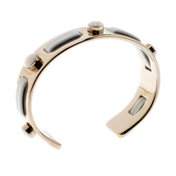 Pre Owned Tod's White Leather Gold Tone Open Cuff Bracelet