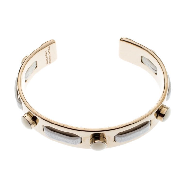 Pre Owned Tod's White Leather Gold Tone Open Cuff Bracelet