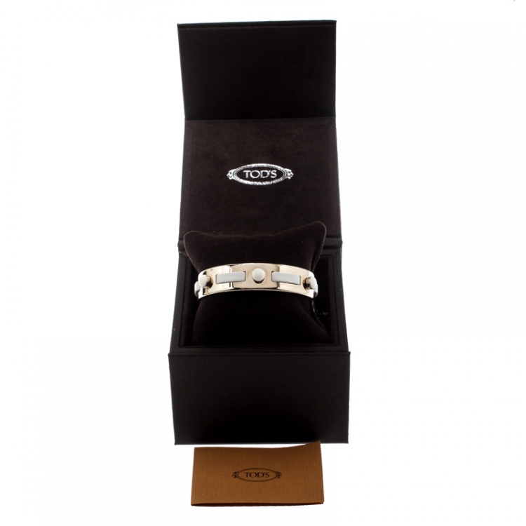 Pre Owned Tod's White Leather Gold Tone Open Cuff Bracelet