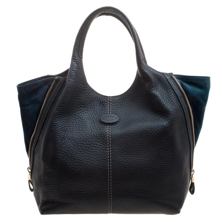 Pre Owned Tod's Dark Blue Pebbled Leather Zip Tote