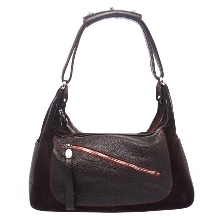 Pre Owned Tod's Ferrari Dark Brown Suede and Leather Micky Hobo