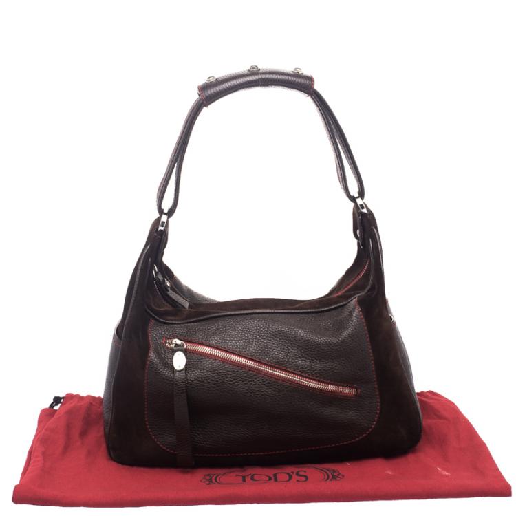 Pre Owned Tod's Ferrari Dark Brown Suede and Leather Micky Hobo