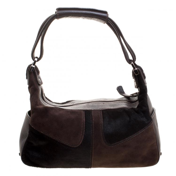 مملوكة مسبقًا Tod's Brown/Black Suede/Leather and Calfhair Miky Hobo