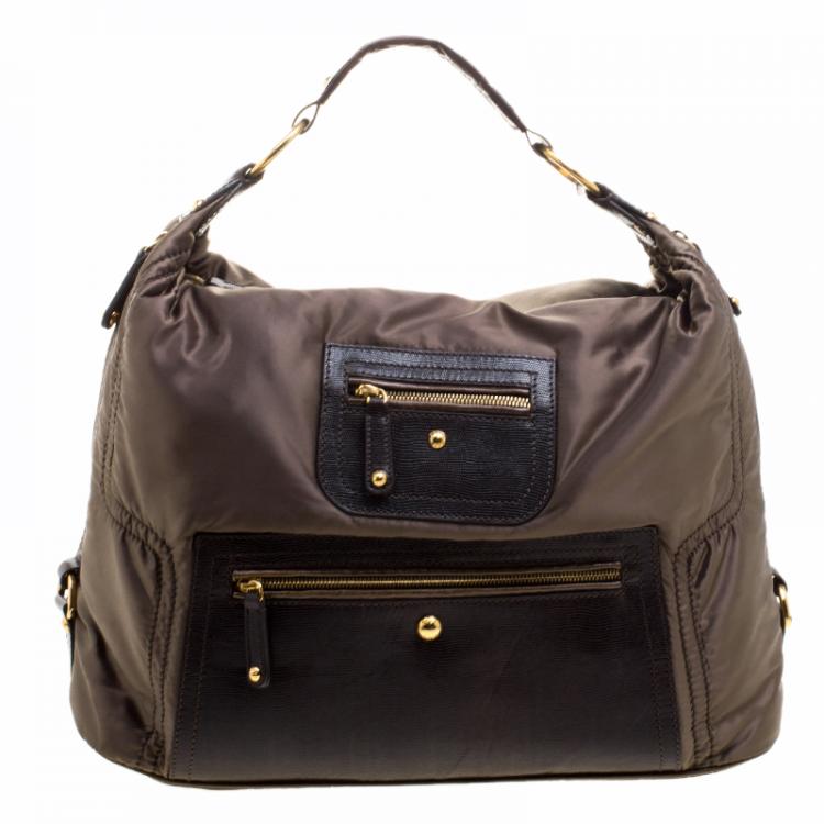 Pre Owned Tod's Olive Green/Dark Brown Nylon and Lizard Embossed Leather Pashmy Hobo