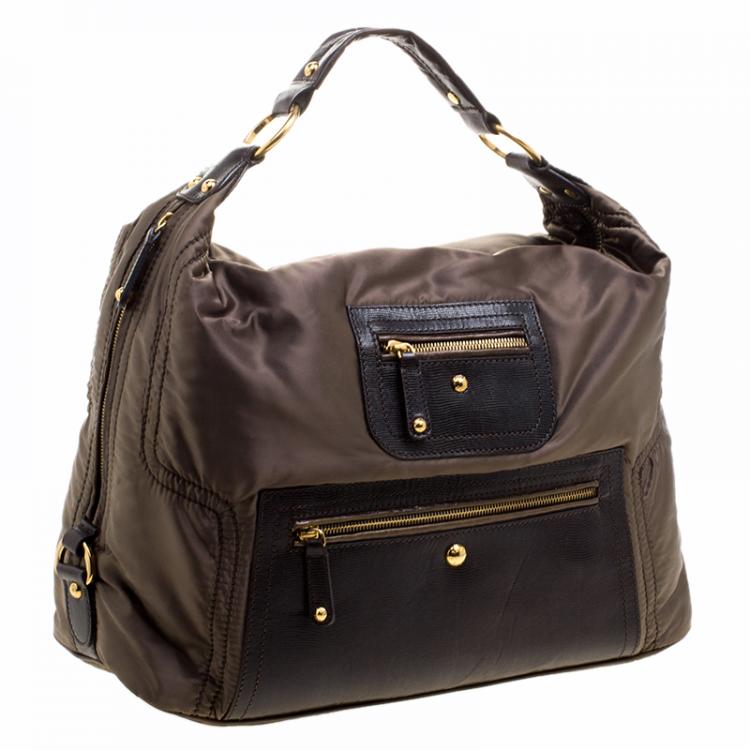 Pre Owned Tod's Olive Green/Dark Brown Nylon and Lizard Embossed Leather Pashmy Hobo