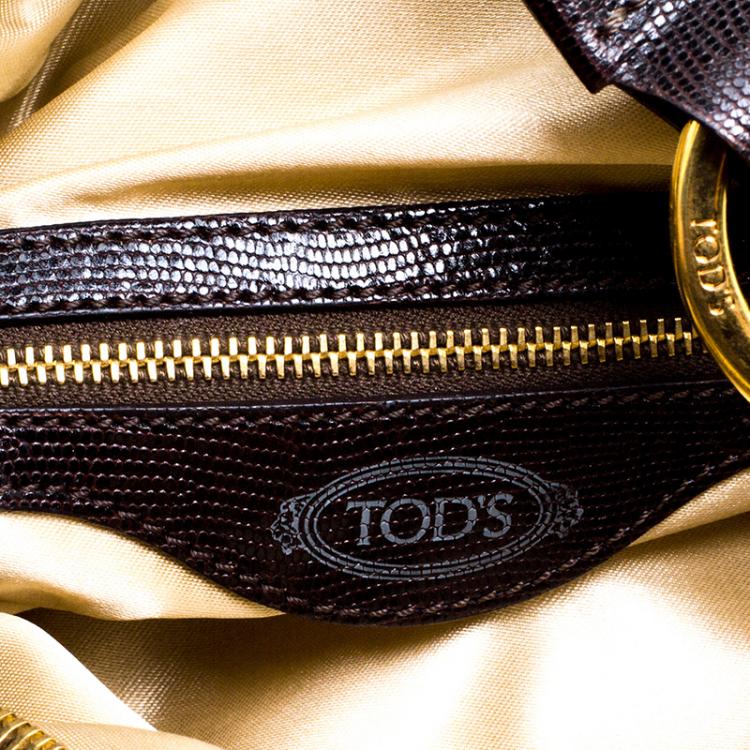 Pre Owned Tod's Olive Green/Dark Brown Nylon and Lizard Embossed Leather Pashmy Hobo