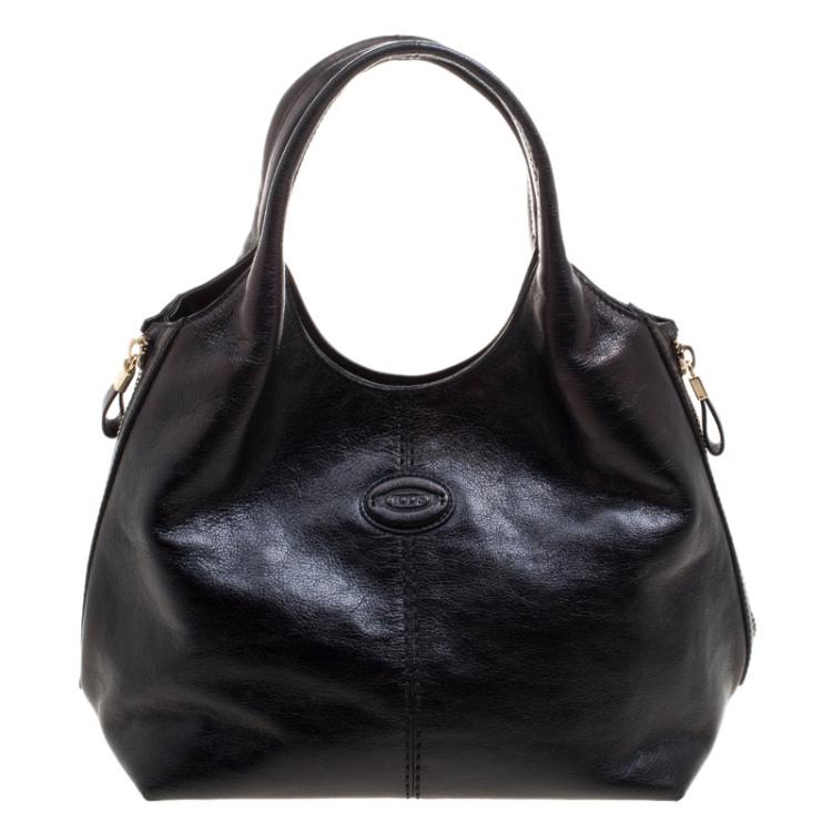 Pre Owned Tod's Metallic Black Glossy Leather Zip Tote