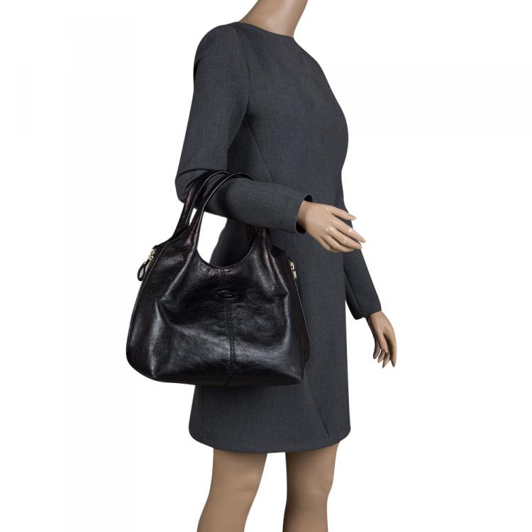 Pre Owned Tod's Metallic Black Glossy Leather Zip Tote