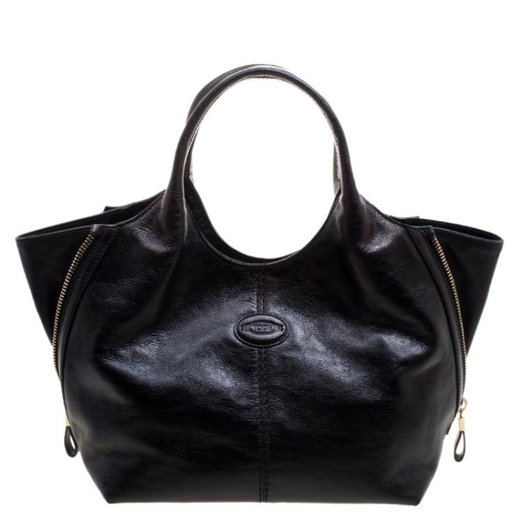 Pre Owned Tod's Metallic Black Glossy Leather Zip Tote