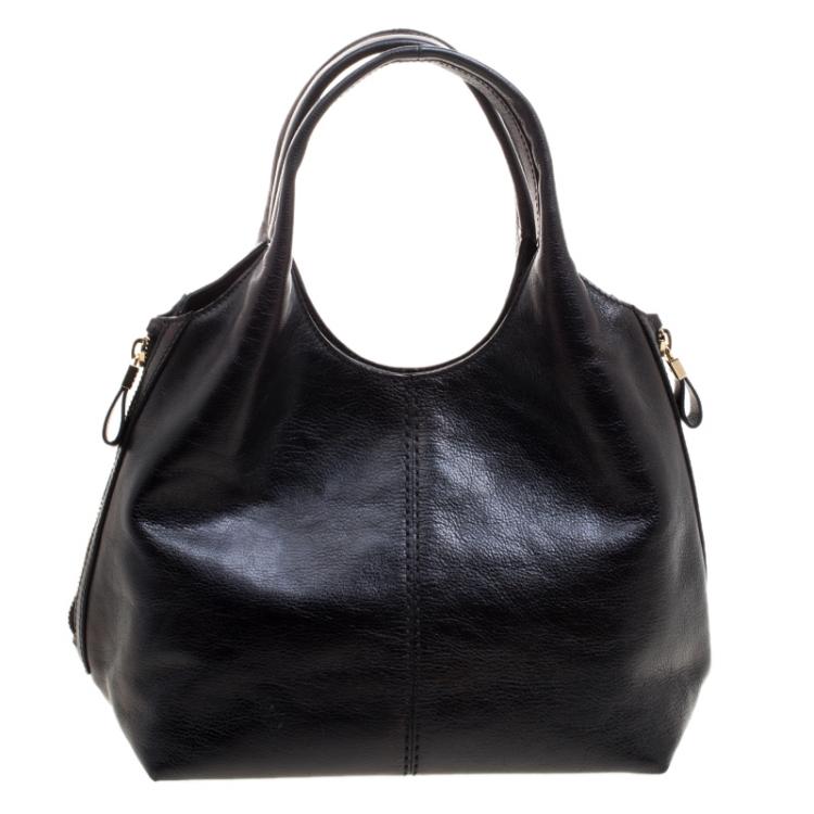 Pre Owned Tod's Metallic Black Glossy Leather Zip Tote