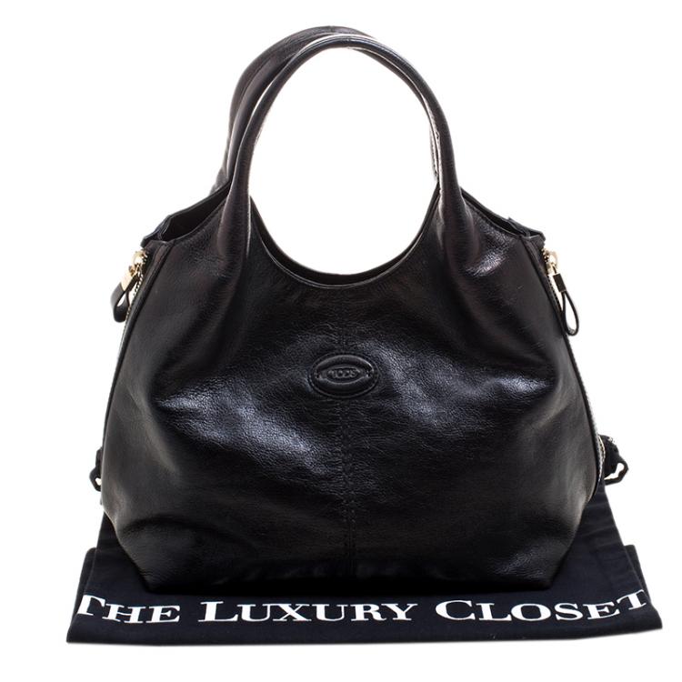 Pre Owned Tod's Metallic Black Glossy Leather Zip Tote