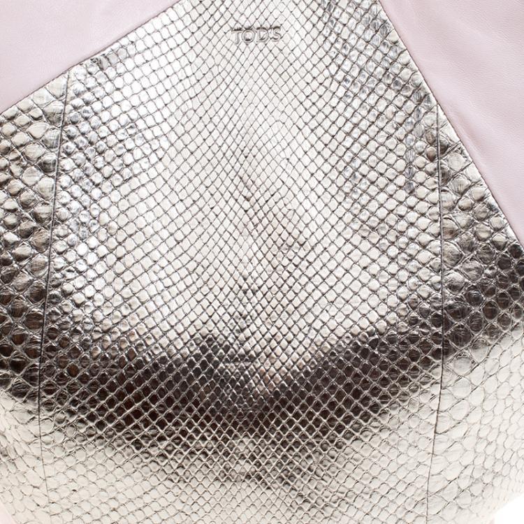 Pre Owned Tod's Pink/Silver Leather and Python Medium Horse Secchiello Tote