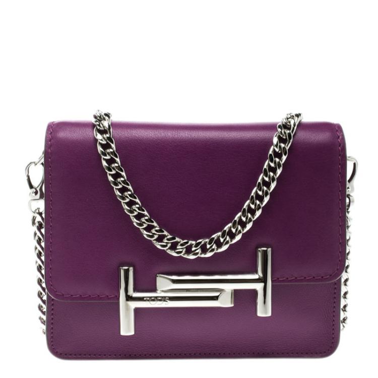 Pre Owned Tod's Purple Leather Double T Chain Crossbody Bag