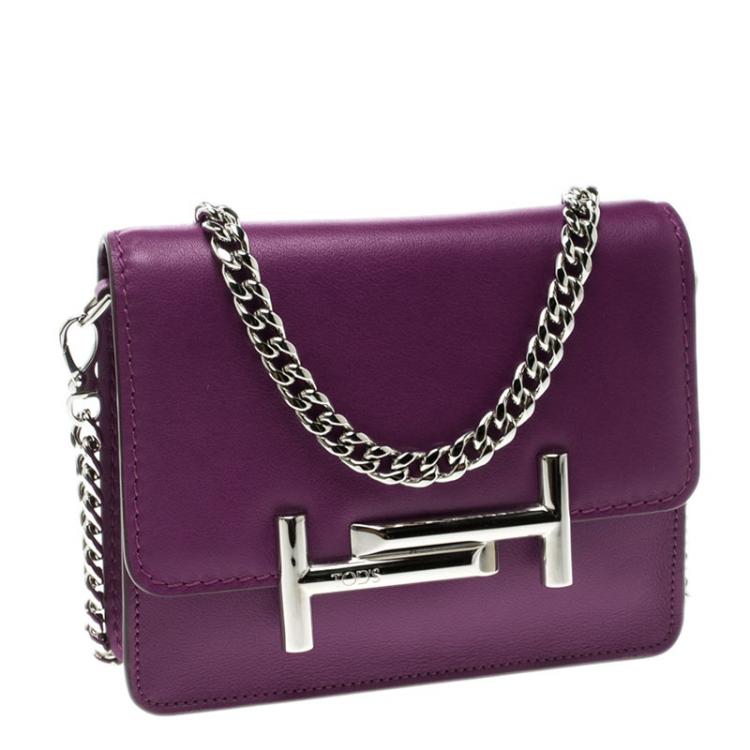 Pre Owned Tod's Purple Leather Double T Chain Crossbody Bag