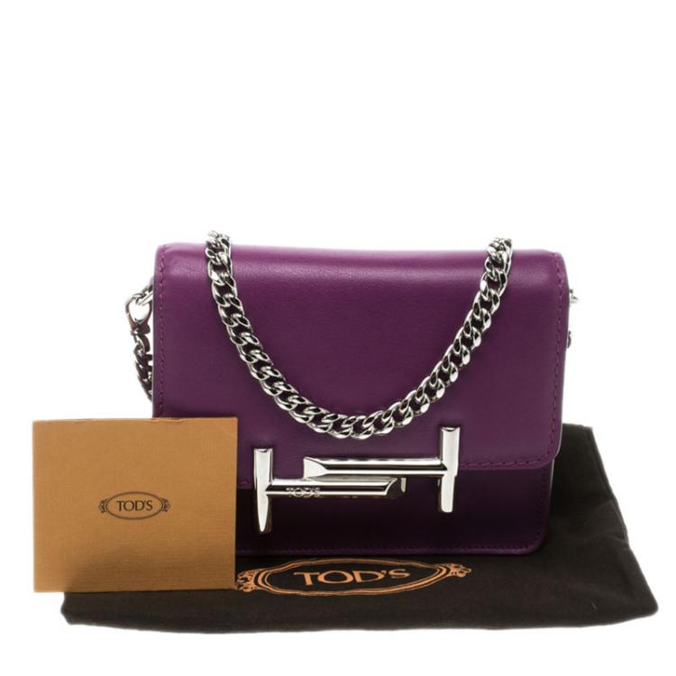 Pre Owned Tod's Purple Leather Double T Chain Crossbody Bag
