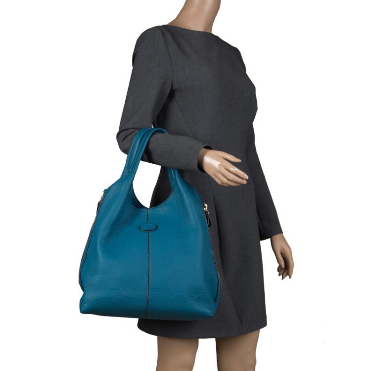 Pre Owned Tod's Teal Blue Pebbled Leather Zip Tote