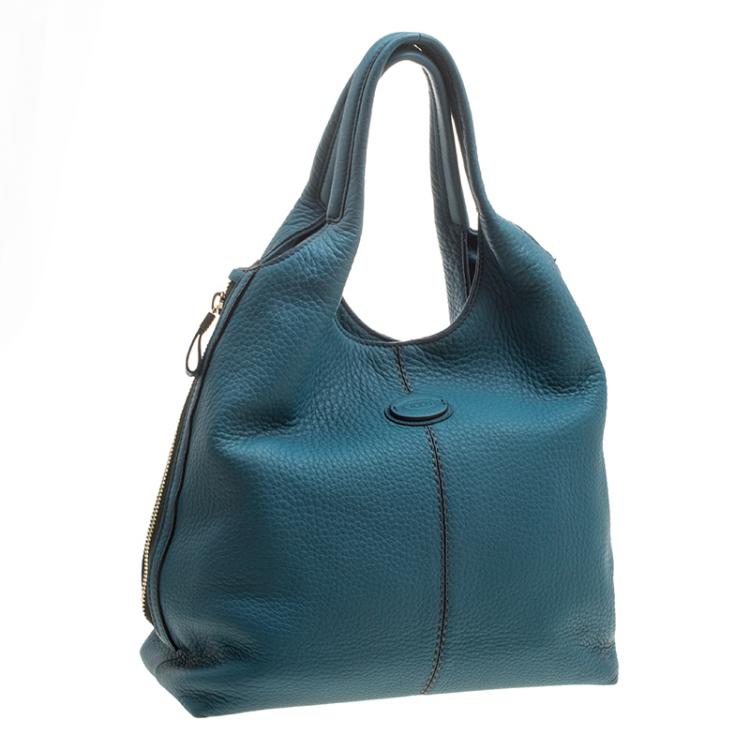 Pre Owned Tod's Teal Blue Pebbled Leather Zip Tote