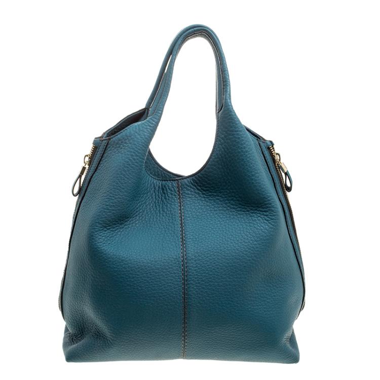 Pre Owned Tod's Teal Blue Pebbled Leather Zip Tote