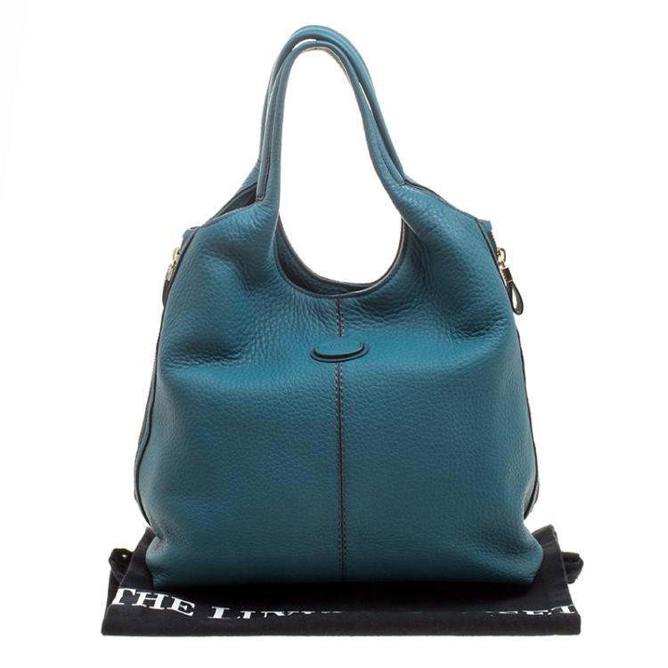 Pre Owned Tod's Teal Blue Pebbled Leather Zip Tote