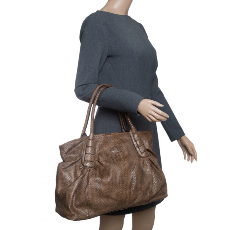Pre Owned Tod's Coffee Brown Python Sacca Media Tote