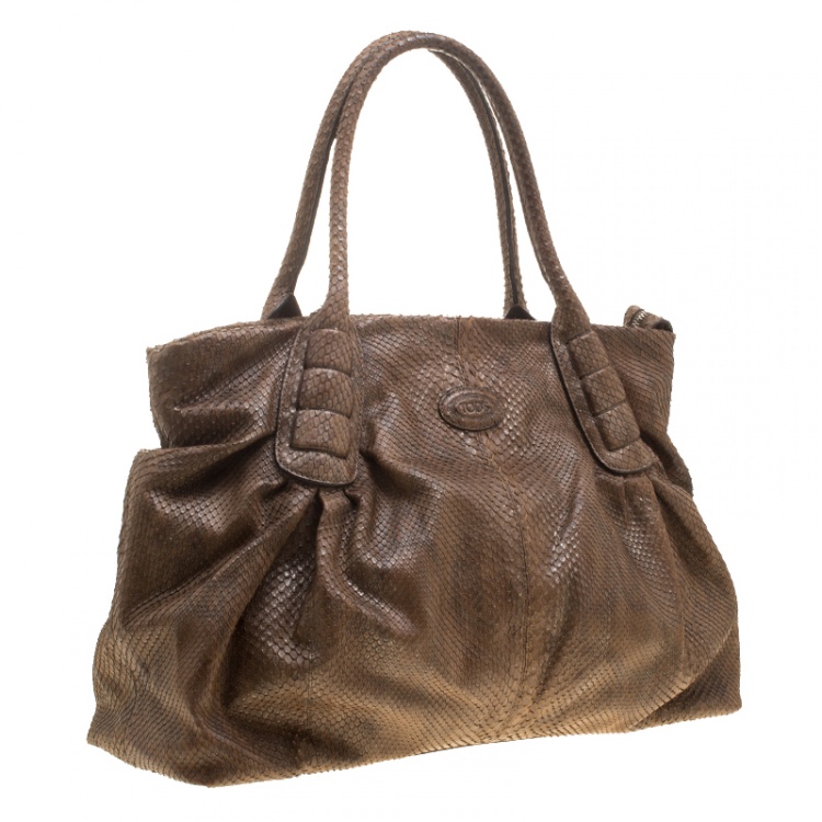 Pre Owned Tod's Coffee Brown Python Sacca Media Tote