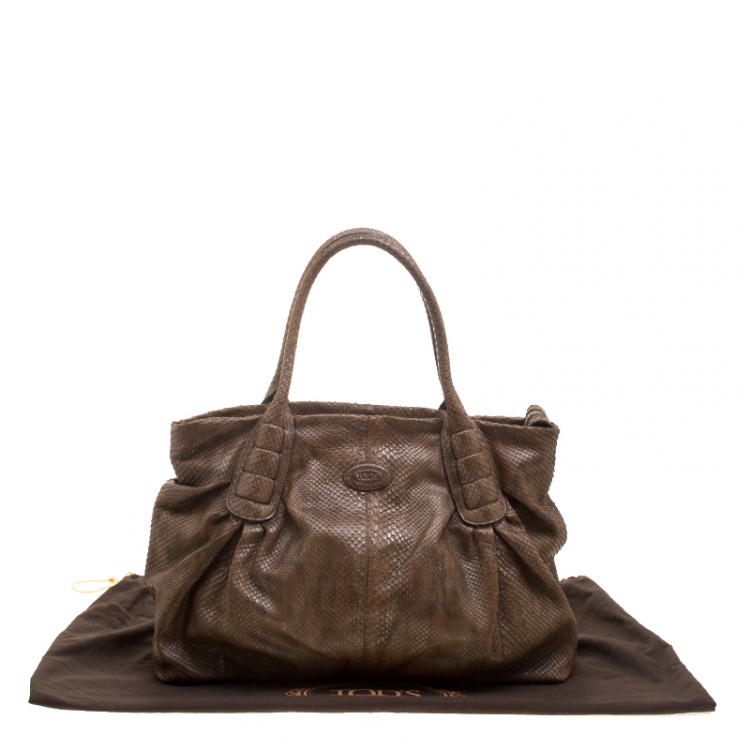 Pre Owned Tod's Coffee Brown Python Sacca Media Tote