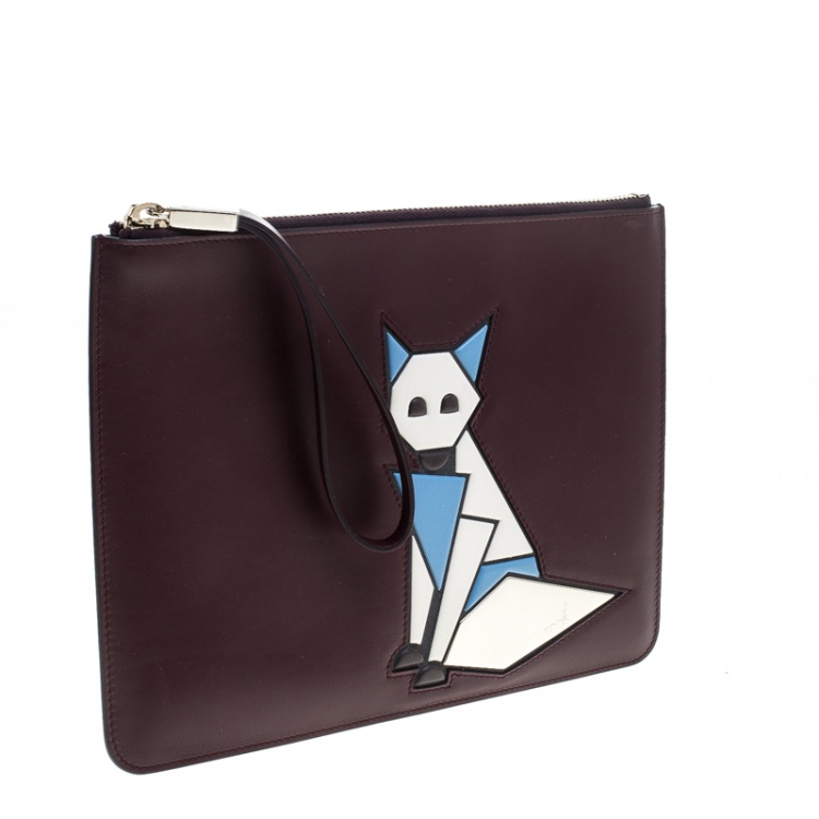 Pre Owned Tod's Burgundy Leather Fox Applique Wristlet Clutch