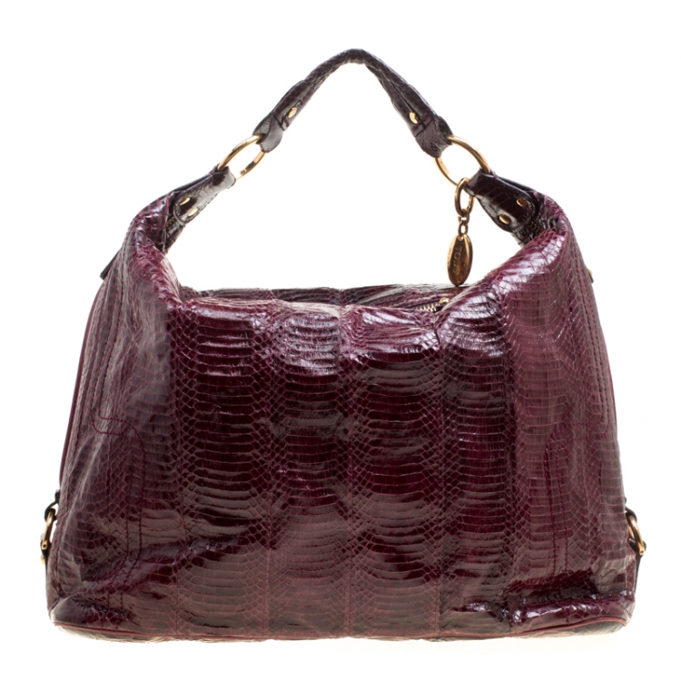 Pre Owned Tod's Burgundy Snakeskin Embossed Leather Pashmy Hobo
