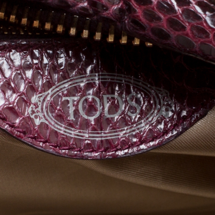 Pre Owned Tod's Burgundy Snakeskin Embossed Leather Pashmy Hobo