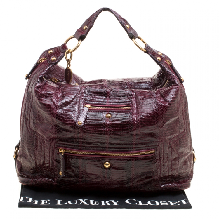 Pre Owned Tod's Burgundy Snakeskin Embossed Leather Pashmy Hobo