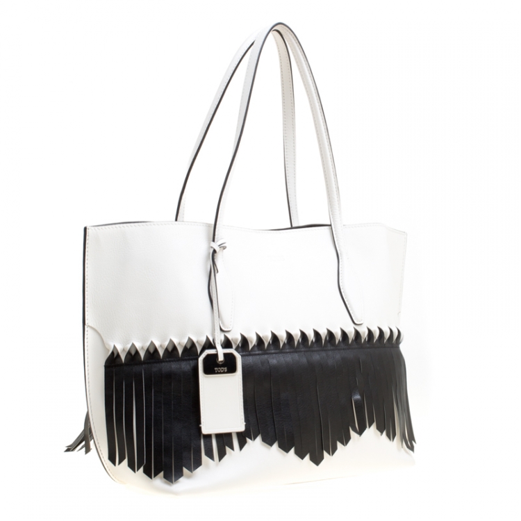 Pre Owned Tod's White/Black Leather Origami Fringe Shopping Tote