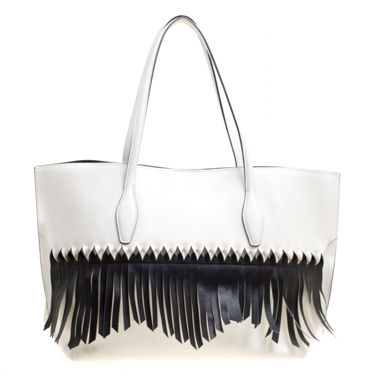 Pre Owned Tod's White/Black Leather Origami Fringe Shopping Tote