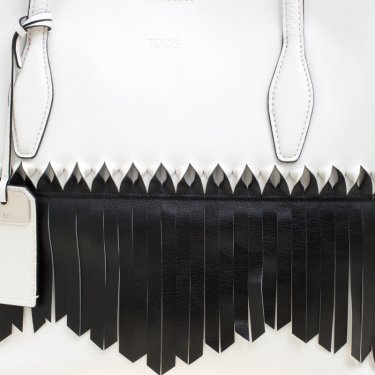 Pre Owned Tod's White/Black Leather Origami Fringe Shopping Tote