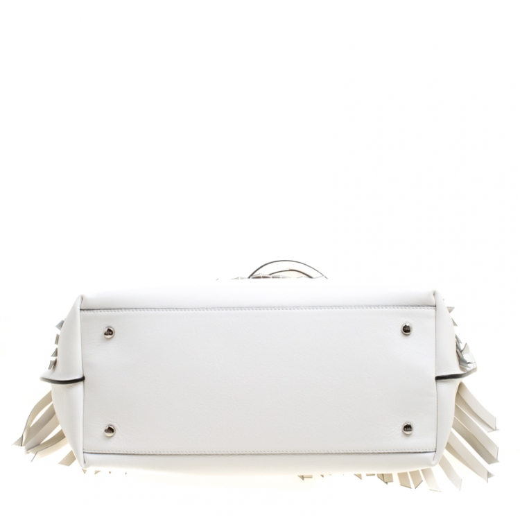 Pre Owned Tod's White/Black Leather Origami Fringe Shopping Tote