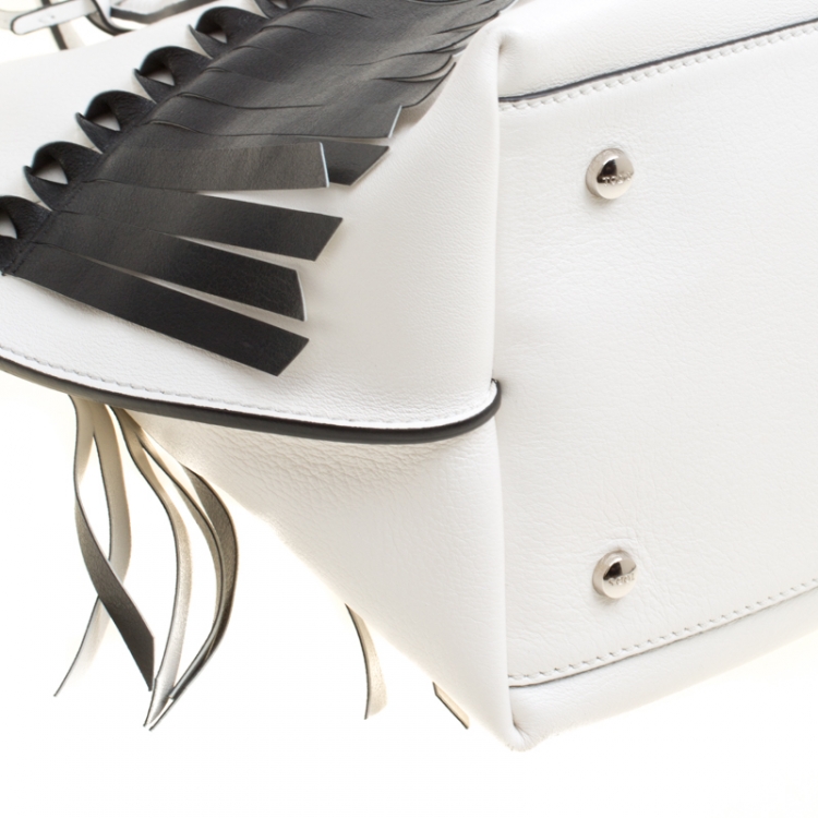 Pre Owned Tod's White/Black Leather Origami Fringe Shopping Tote