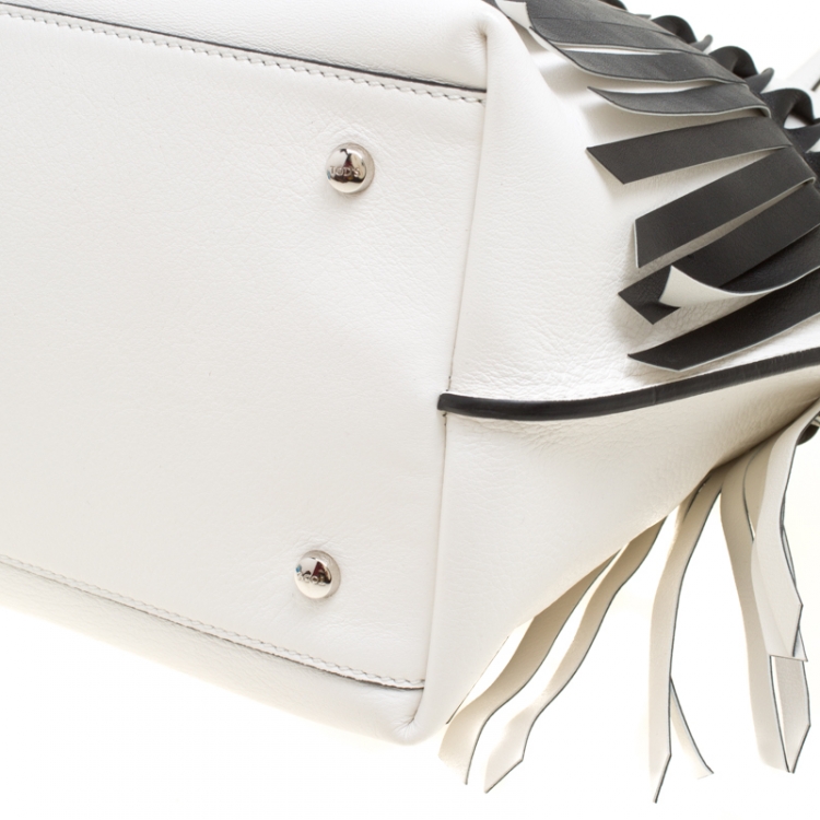 Pre Owned Tod's White/Black Leather Origami Fringe Shopping Tote