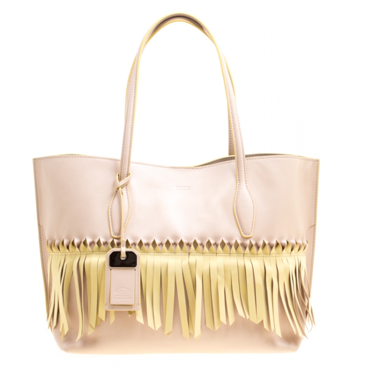 Pre Owned Tod's Beige/Yellow Leather Origami Fringe Shopping Tote