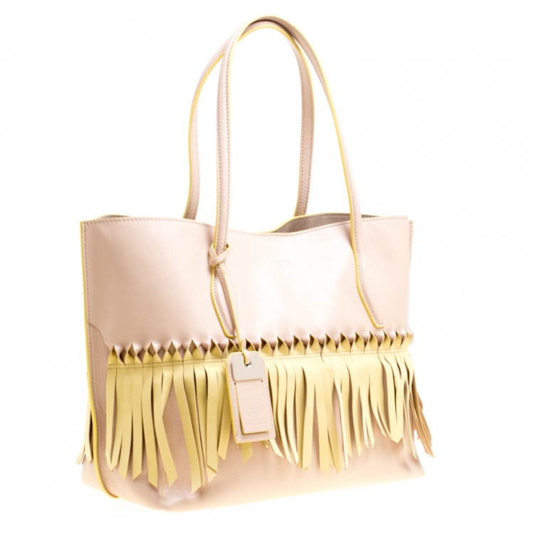 Pre Owned Tod's Beige/Yellow Leather Origami Fringe Shopping Tote