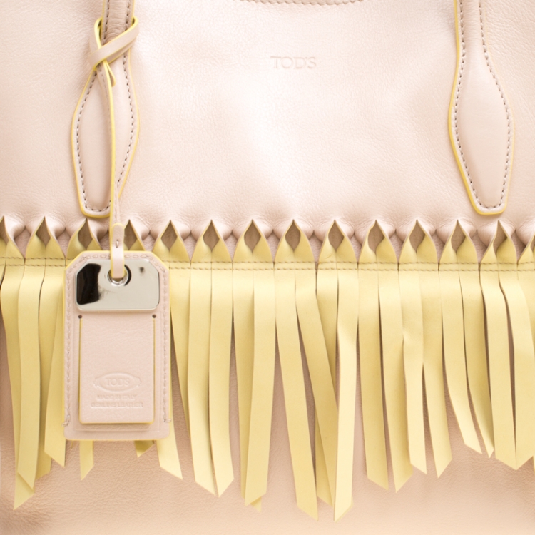 Pre Owned Tod's Beige/Yellow Leather Origami Fringe Shopping Tote
