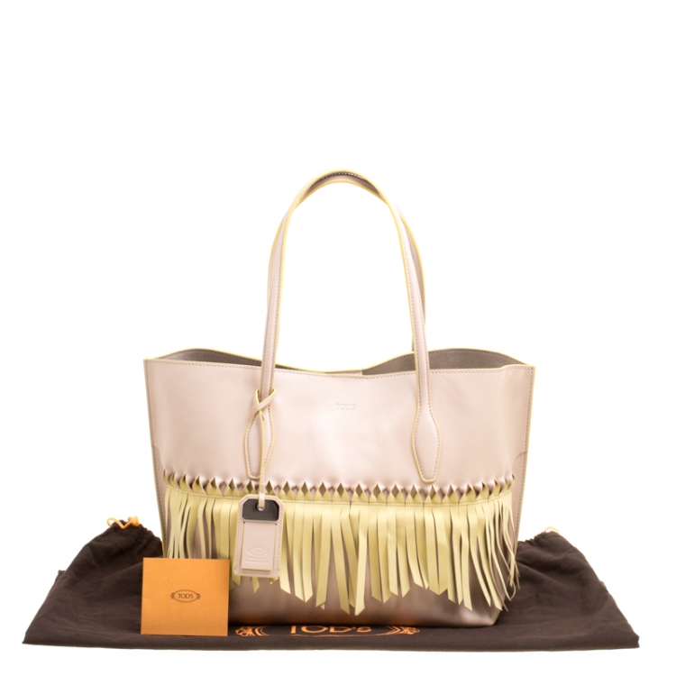 Pre Owned Tod's Beige/Yellow Leather Origami Fringe Shopping Tote