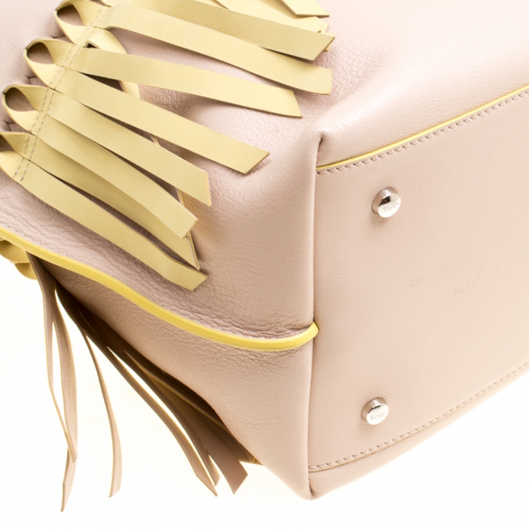 Pre Owned Tod's Beige/Yellow Leather Origami Fringe Shopping Tote
