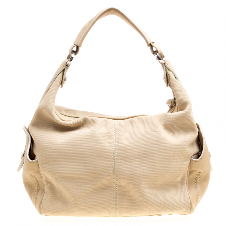 Pre Owned Tod's Beige Canvas and Leather Hobo