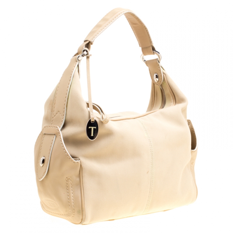 Pre Owned Tod's Beige Canvas and Leather Hobo
