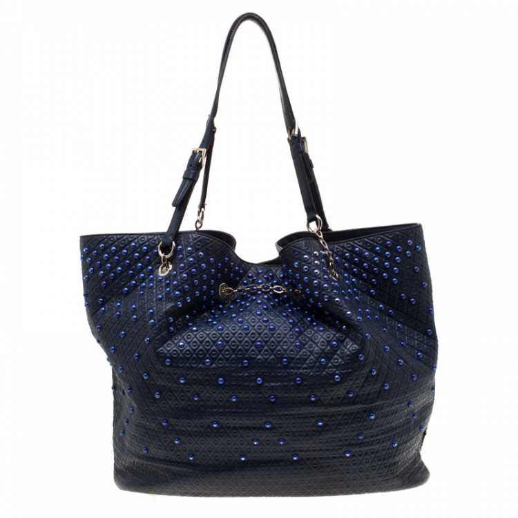 Pre Owned Tod's Blue Leather Embossed Studded Drawstring Tote 