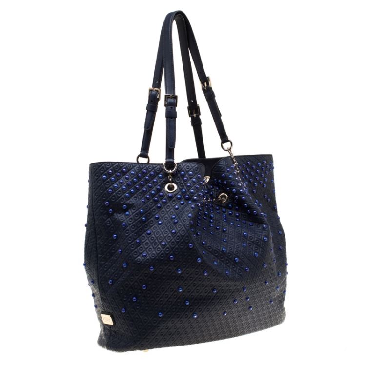 Pre Owned Tod's Blue Leather Embossed Studded Drawstring Tote 