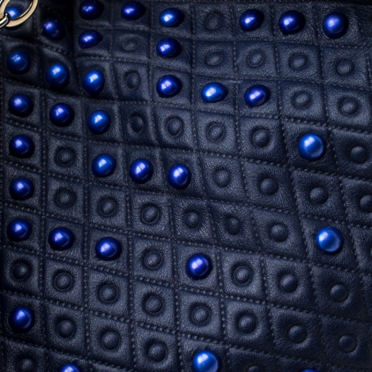 Pre Owned Tod's Blue Leather Embossed Studded Drawstring Tote 