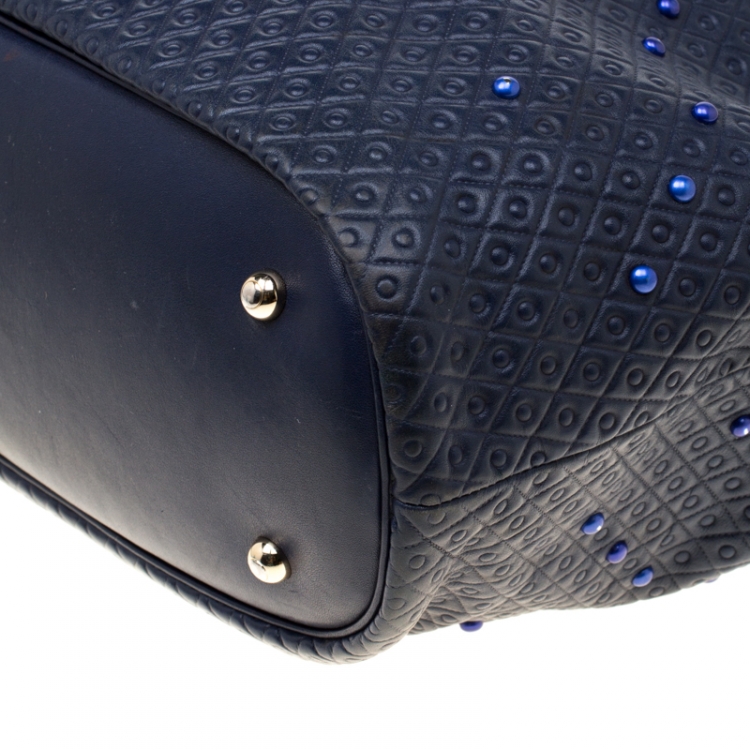 Pre Owned Tod's Blue Leather Embossed Studded Drawstring Tote 