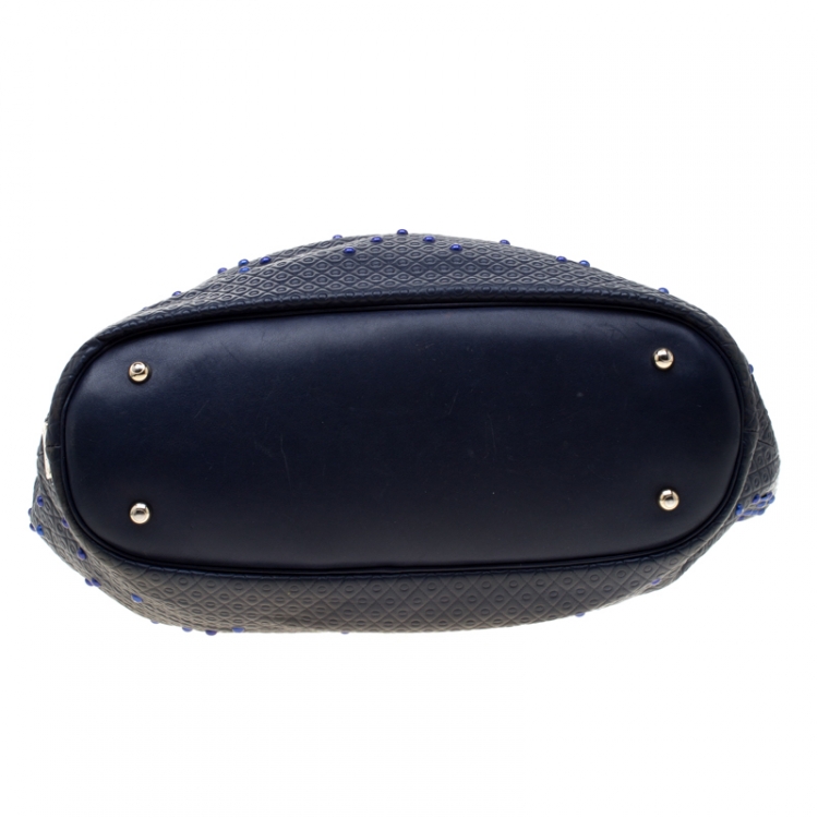 Pre Owned Tod's Blue Leather Embossed Studded Drawstring Tote 